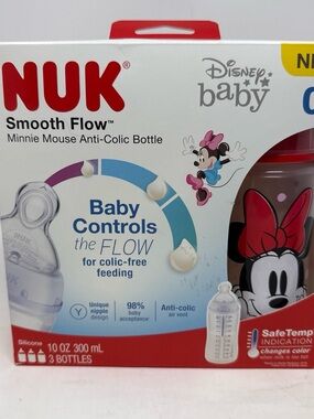 New NUK Smooth Flow Disney Bottle Minnie Mouse 10 Oz 3 Pack Safe Temp Indicator
